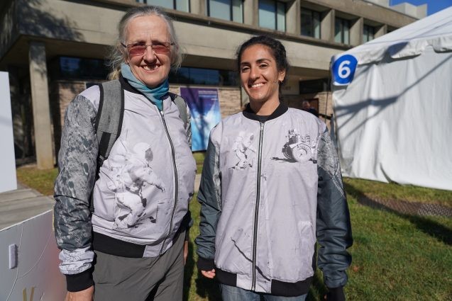 Geophysicist Robin Bell shows off a jacket she designed depicting a lunar landing and a gravimeter used to measure the moon’s gravity. Photo: Kyu Lee