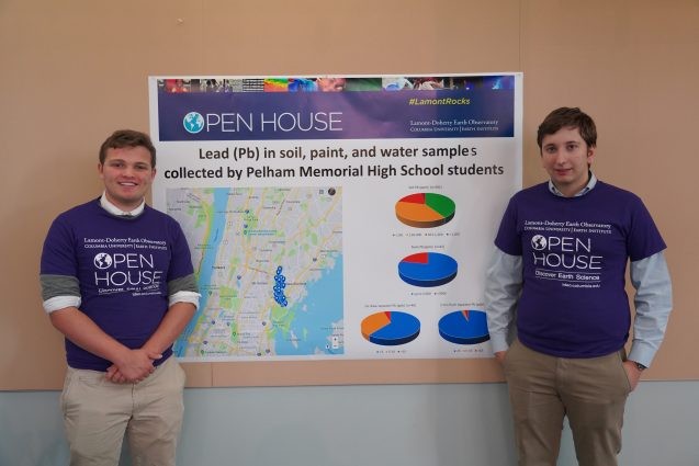 Daniel Dusevic (right) and Andrew Terraciano, juniors at Pelham Memorial High School, stand in front of a poster that details their yearlong project testing dozens of households in Pelham, Bronx for lead contamination in soil, paint and water. Photo: Kyu Lee