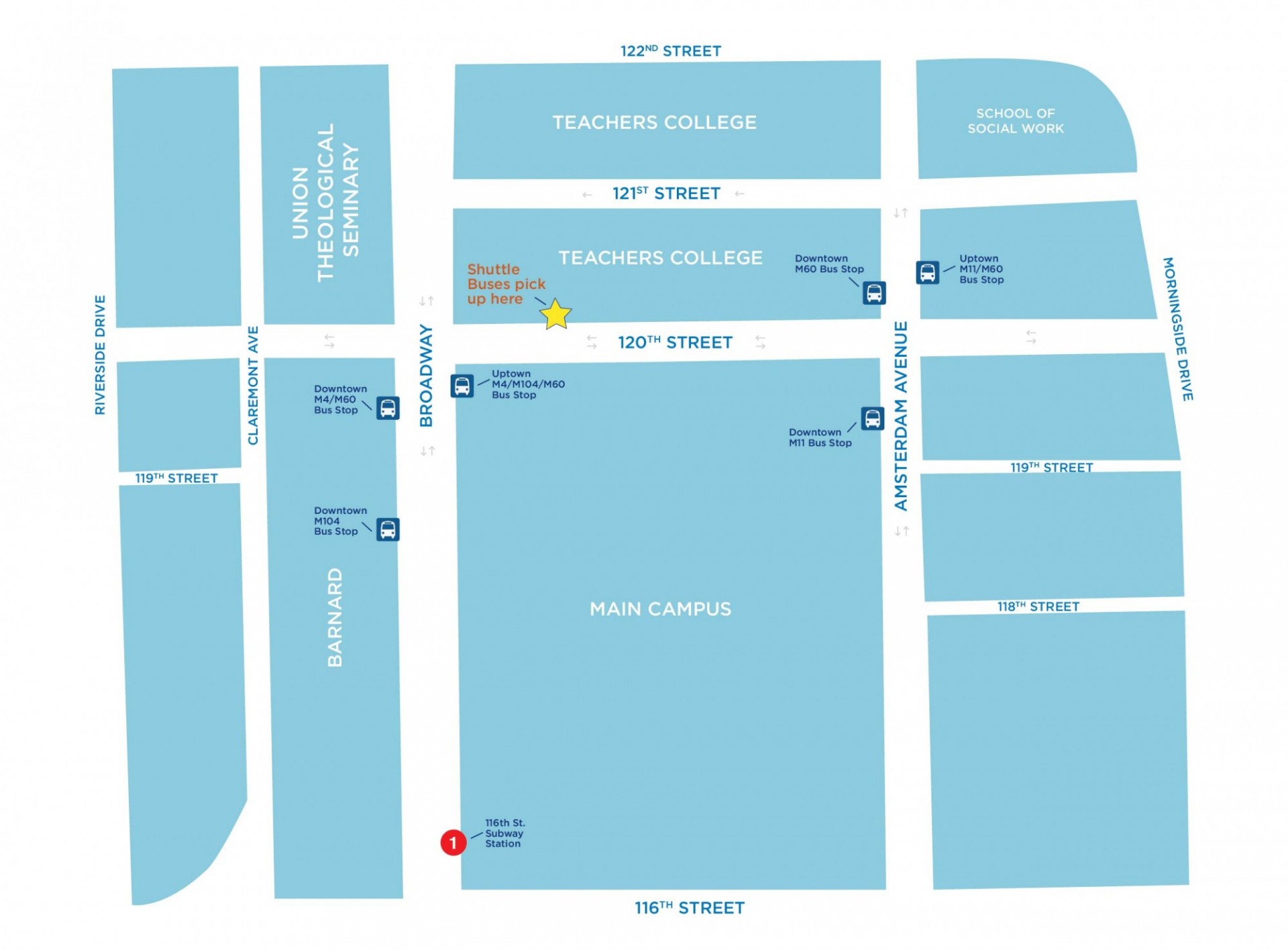 map of Morningside Heights shuttle bus location