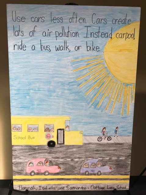 children's drawing of buses, cars and bikes that reads "Use cars less often. Cars create lots of air pollution. Instead, carpool, ride a bus, walk, or bike."