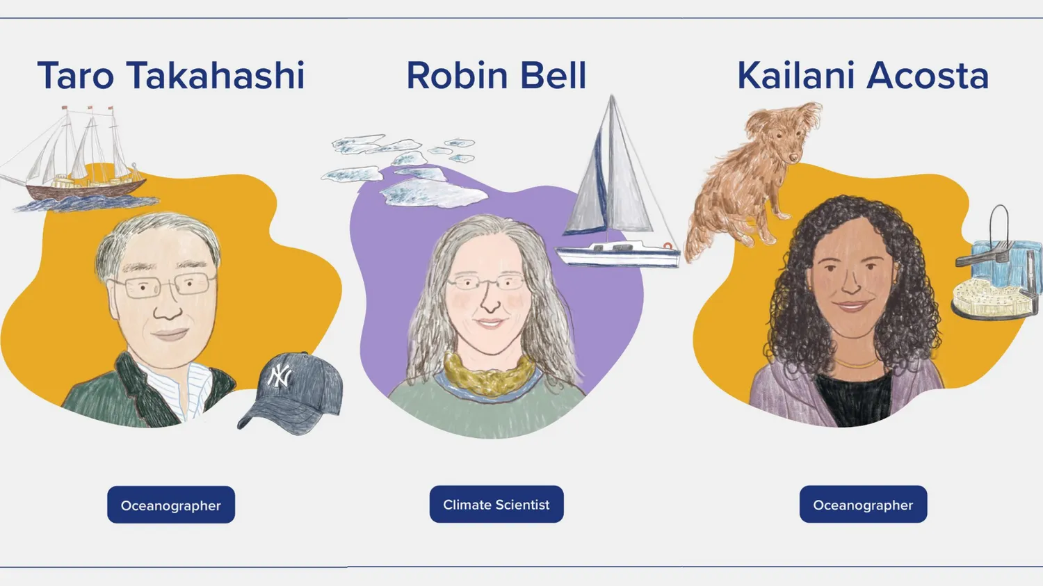 illustrations of three scientists, from the scientist trading cards