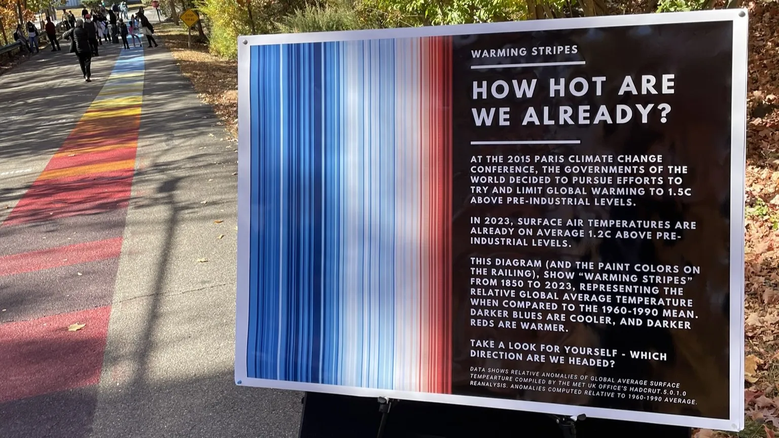 From blue (cooler) to orange (warmer), this data visualization uses a series of colored stripes chronologically ordered to portray long-term temperature trends.