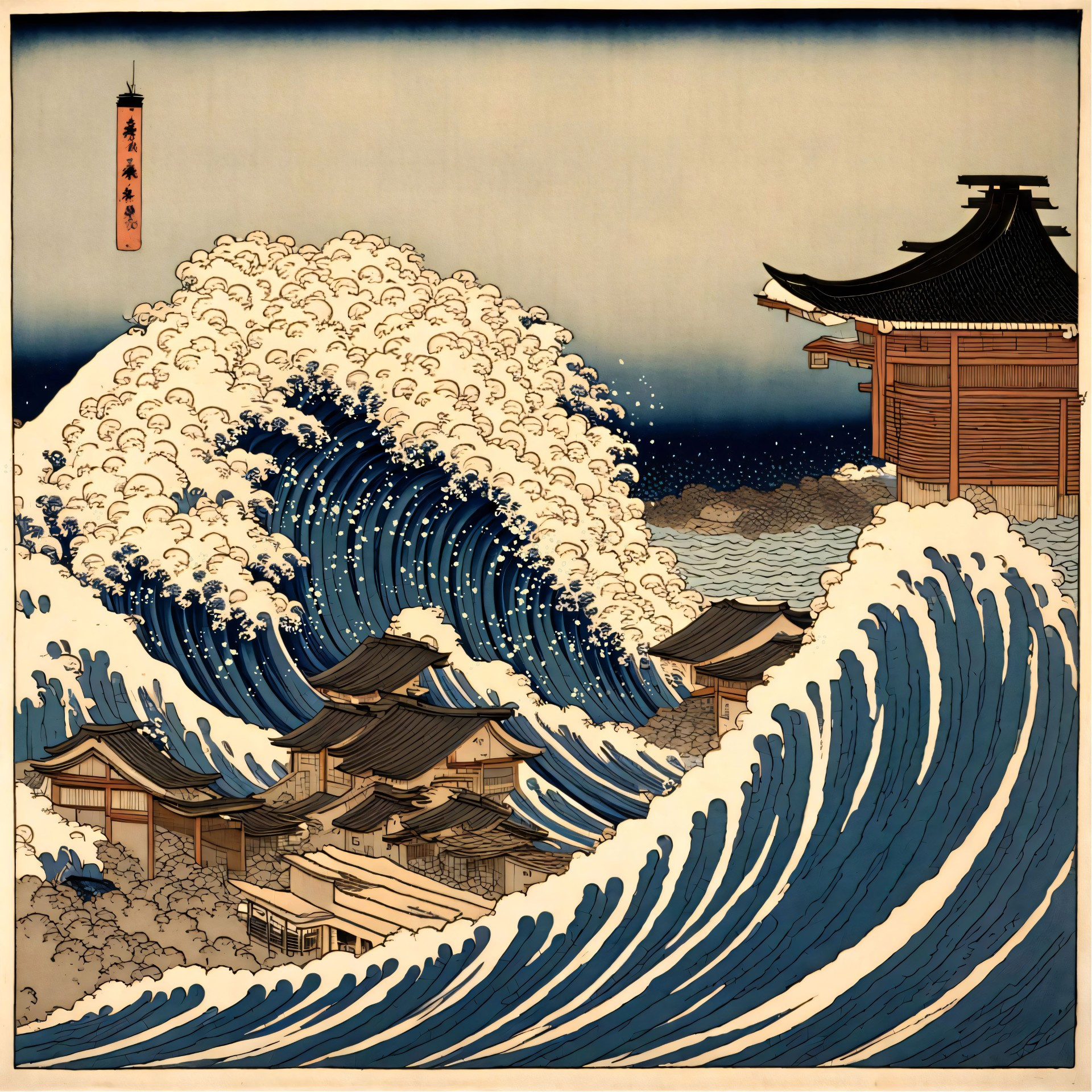 Sea Level Rise Inspired by Hokusai. Image created by Mary Tiegreen with Bing AI